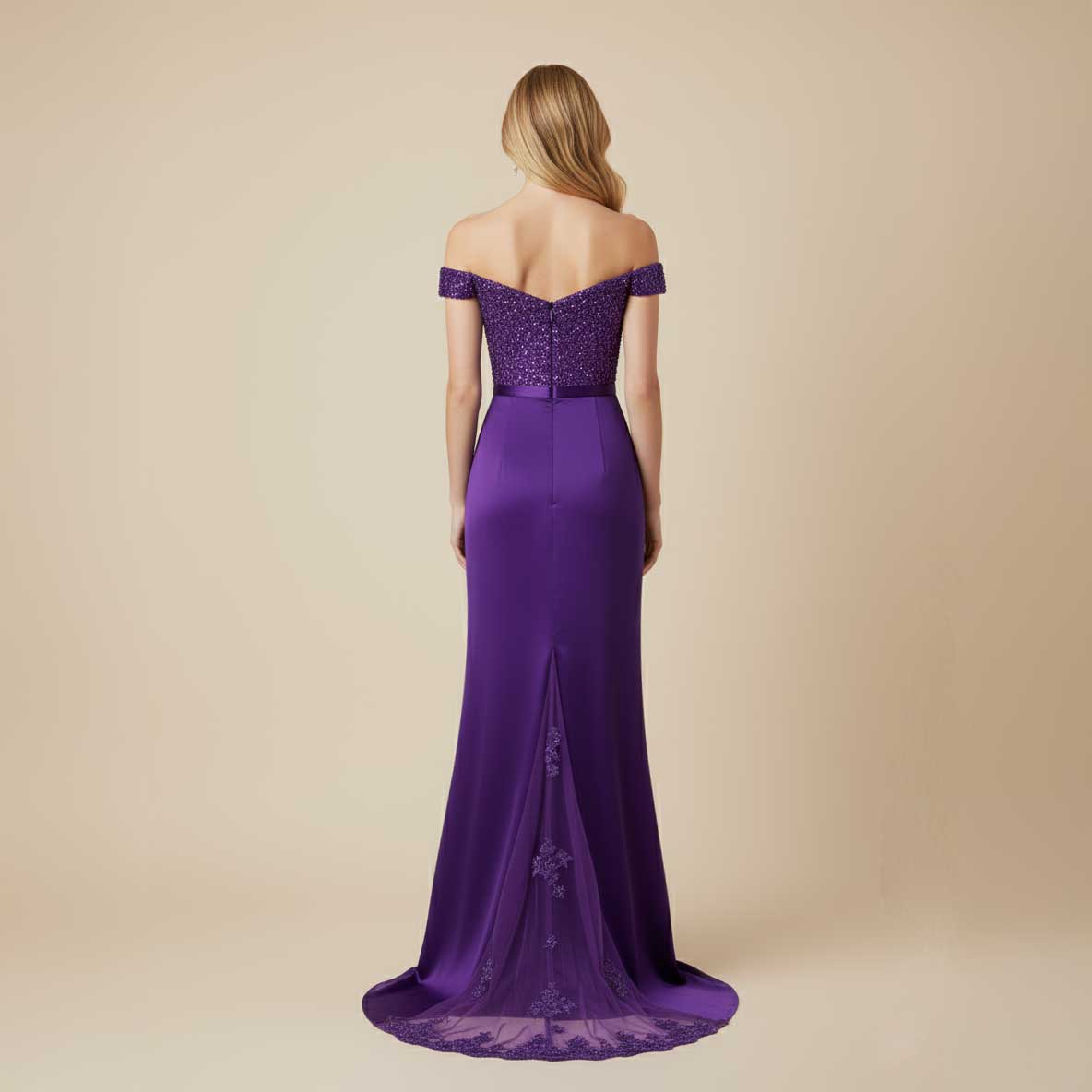 Purple Off the Shoulder Lace Sleek Prom Evening Dress XH1027