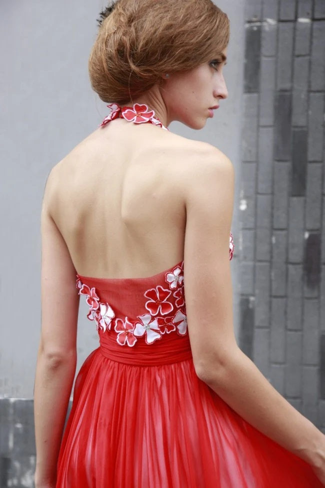 Red Maxi Chiffon Formal Prom Evening Dress with V Neck SA80881