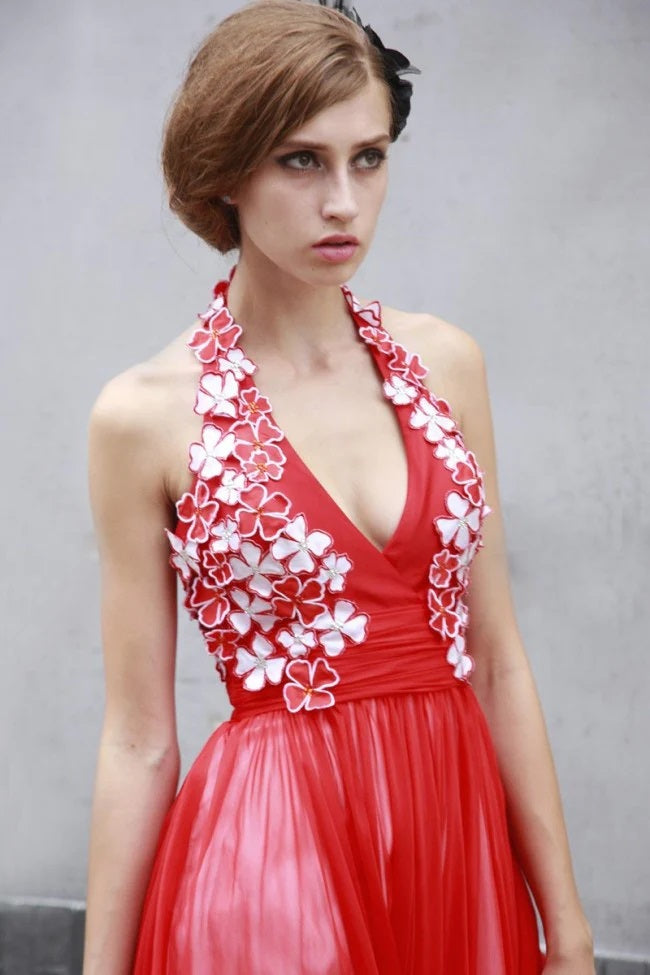 Red Maxi Chiffon Formal Prom Evening Dress with V Neck SA80881