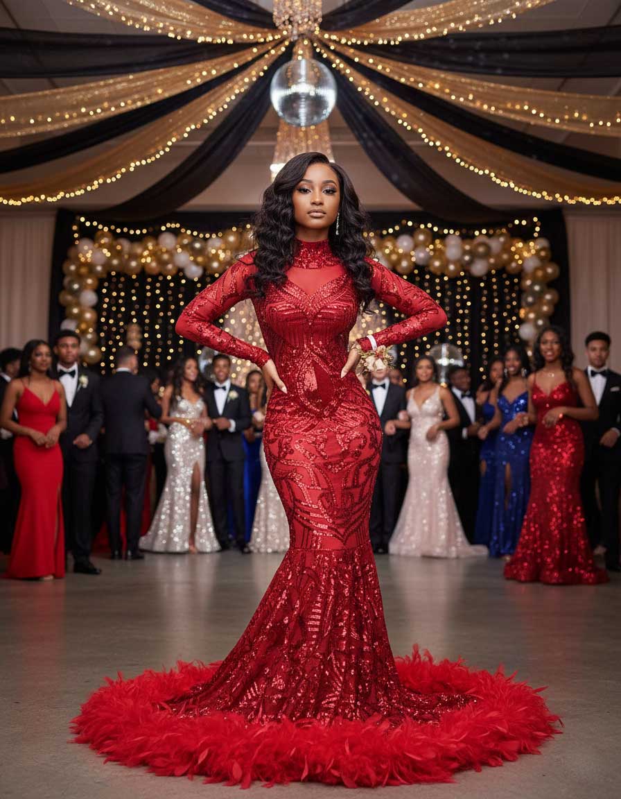 Sparkly Red Maxi Sequins Prom Dress with Feather Skirt Hem XH1065