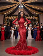 Sparkly Red Maxi Sequins Prom Dress with Feather Skirt Hem XH1065