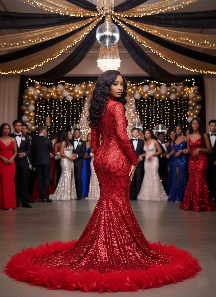 Sparkly Red Maxi Sequins Prom Dress with Feather Skirt Hem XH1065