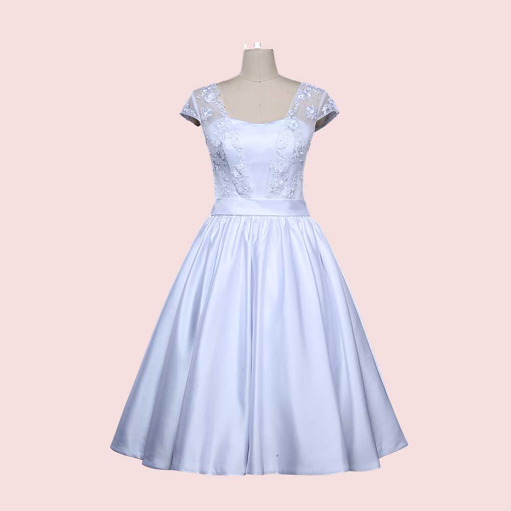 Retro Vintage Style 50s Tea Length Wedding Dress with Cap Sleeves