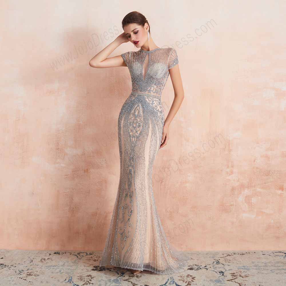 Maxi Silver Gray Beaded Formal Evening Dress