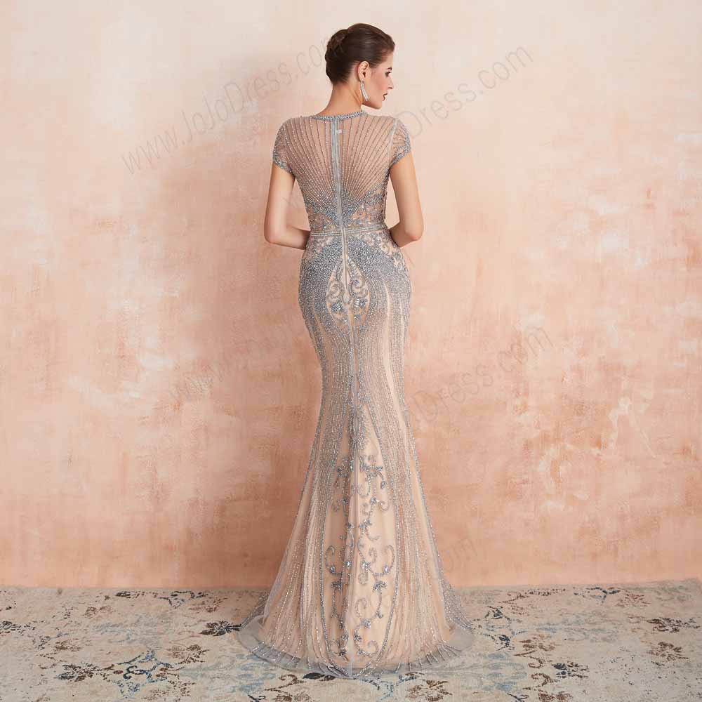 Maxi Silver Gray Beaded Formal Evening Dress