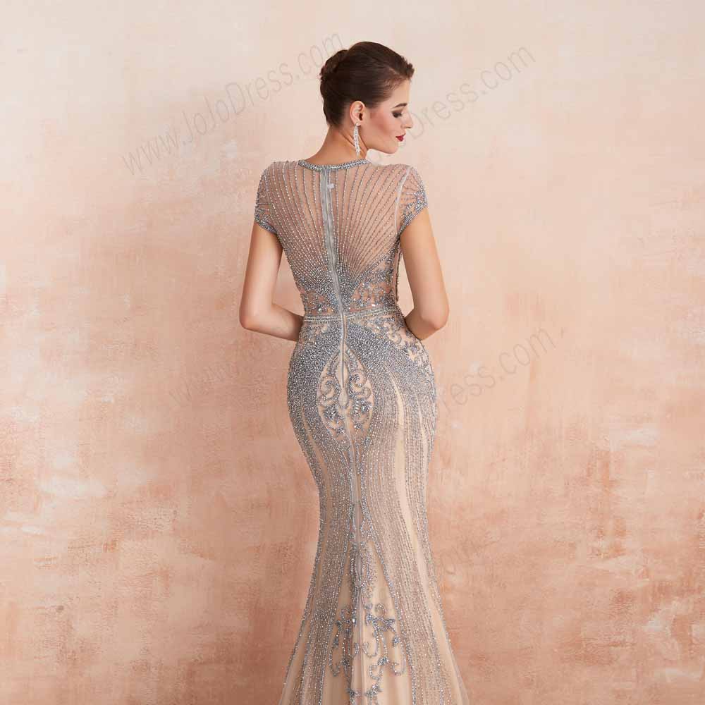 Maxi Silver Gray Beaded Formal Evening Dress