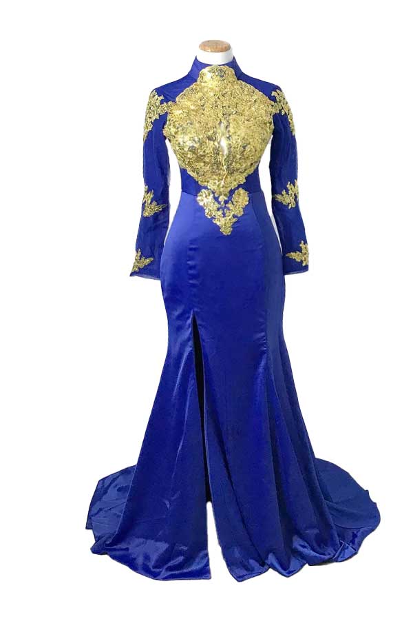 Royal Blue Gold Lace Formal Prom Dress with Long Sleeves XH1023 Sample Sale Dress Royal Blue Gold Lace Formal Prom Dress with Long Sleeves XH1023 Sample Sale Dress