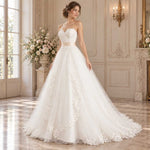 Romantic Strapless Lace A-Line Wedding Dress with Champagne Sash J1007