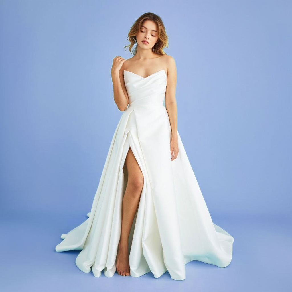Strapless A-line Satin Wedding Dress with Side Slit