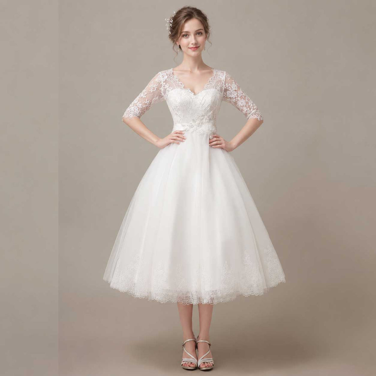 Vintage Style Lace Tea Length Wedding Dress with Sleeves
