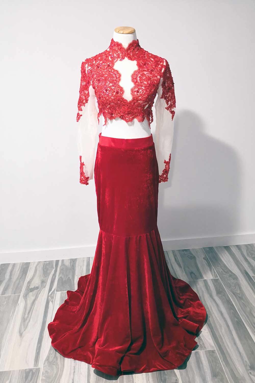 Red 2 Piece Velvet Lace Prom Dress Sample Sale Dress Red 2 Piece Velvet Lace Prom Dress Sample Sale Dress
