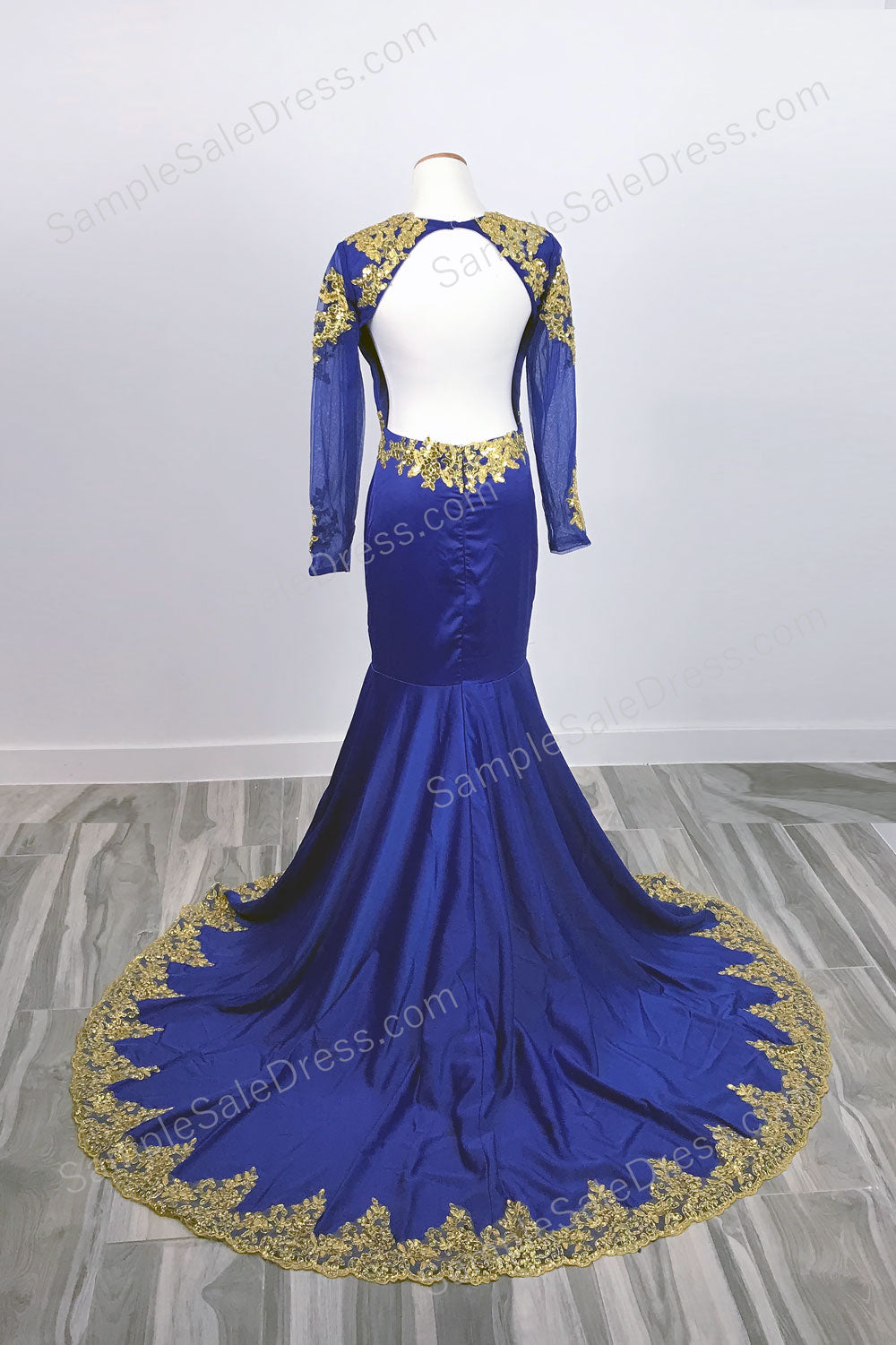 Royal Blue and Gold Mermaid Prom Dress with Open Back XH1015 Sample Sale Dress Royal Blue and Gold Mermaid Prom Dress with Open Back XH1015 Sample Sale Dress