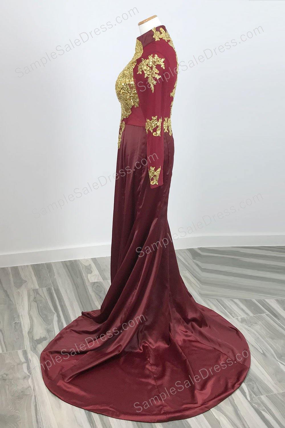 Burgundy Gold Lace Formal Prom Dress with Long Sleeves - Sample Sale Dress 