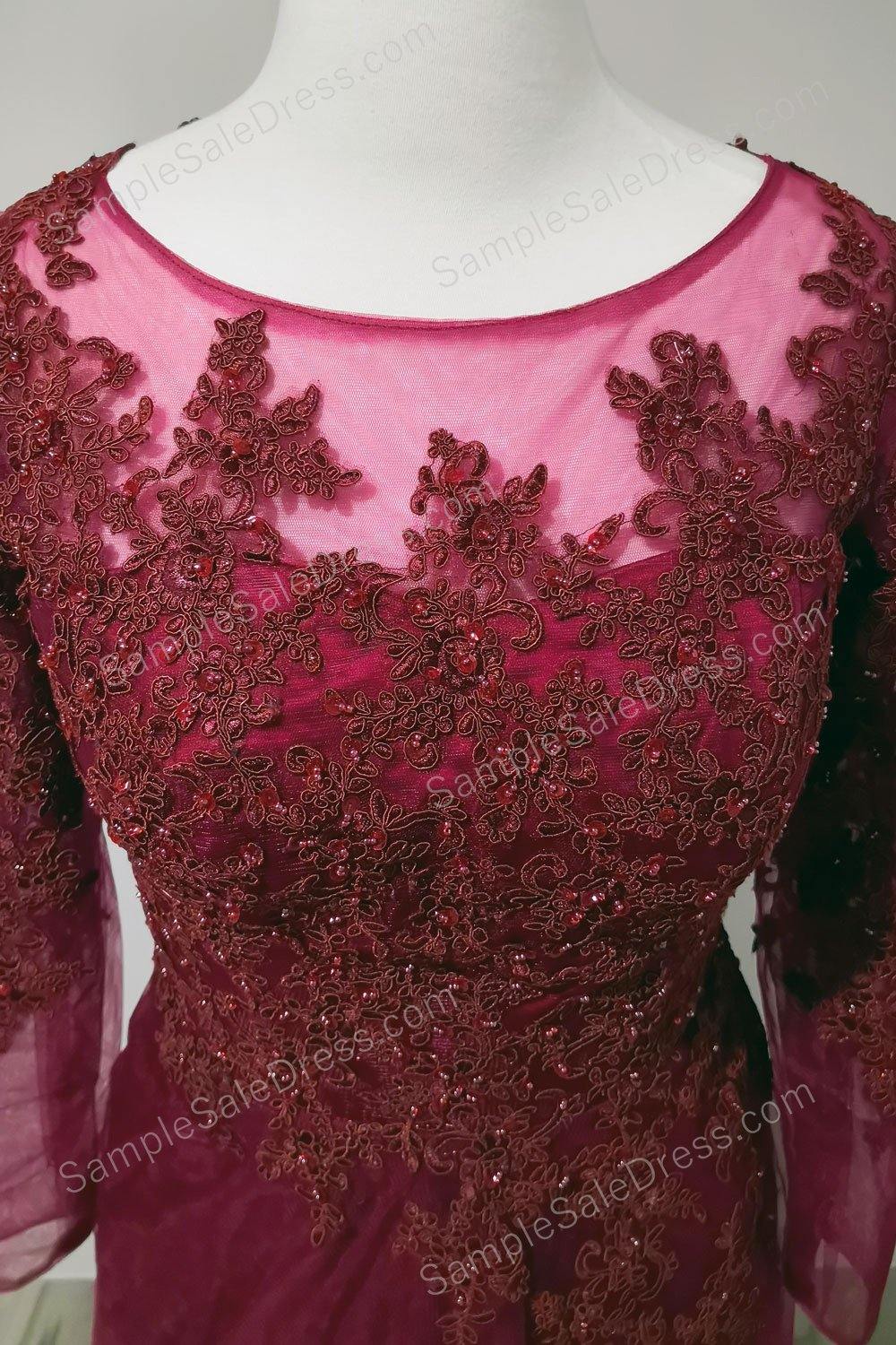 Burgundy Long Formal Dress with Long Sleeves | XH1009 - Sample Sale Dress 