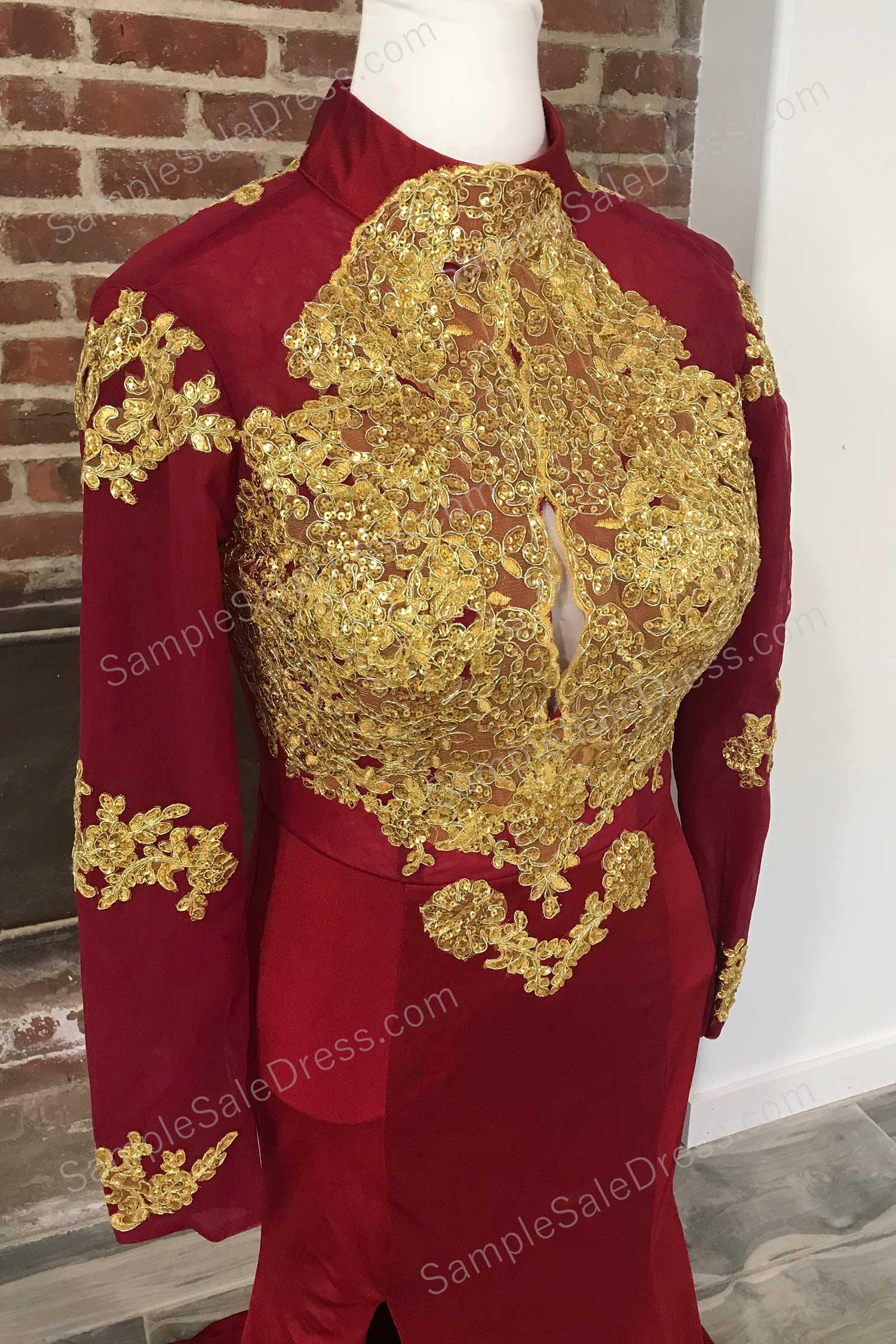 Burgundy Gold Lace Formal Prom Dress with Long Sleeves XH1023 Sample Sale Dress Burgundy Gold Lace Formal Prom Dress with Long Sleeves XH1023 Sample Sale Dress