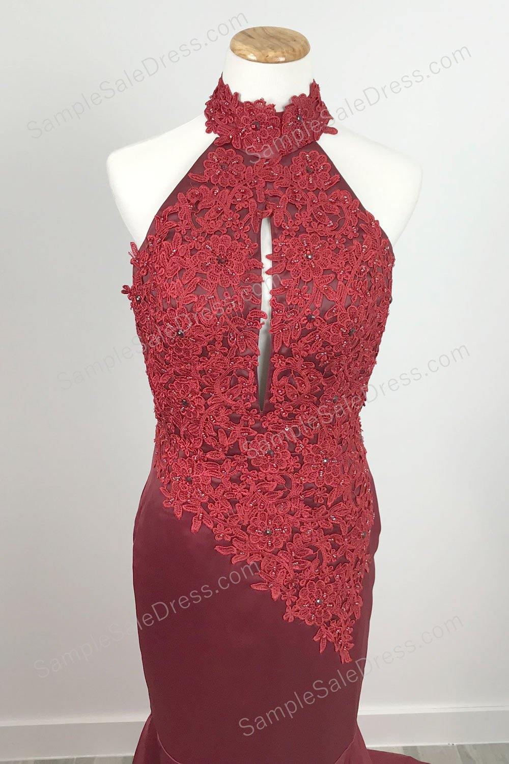 Elegant Dark Red Halter Lace Mermaid Prom Evening Dress XH1013 - Sample Sale Dress 