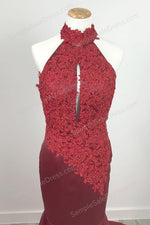 Elegant Dark Red Halter Lace Mermaid Prom Evening Dress XH1013 - Sample Sale Dress 