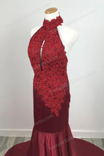 Elegant Dark Red Halter Lace Mermaid Prom Evening Dress XH1013 - Sample Sale Dress 