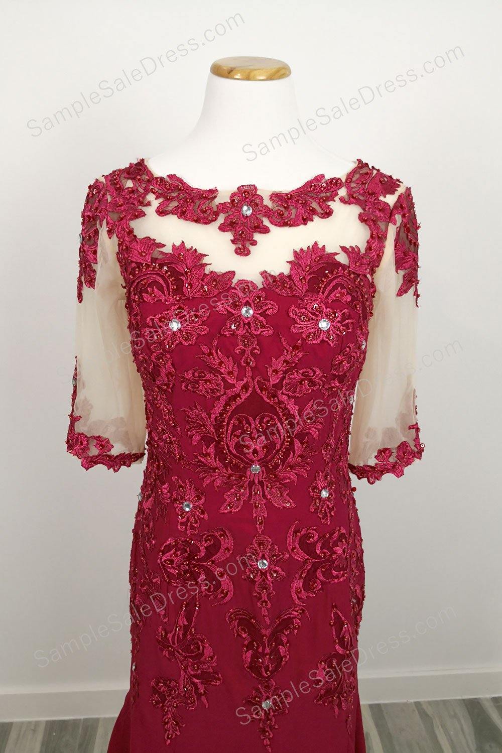 Dark Red Mother of Bride Groom Dress with Short Sleeves - Sample Sale Dress 
