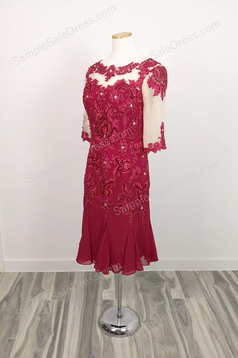 Dark Red Mother of Bride Groom Dress with Short Sleeves - Sample Sale Dress 