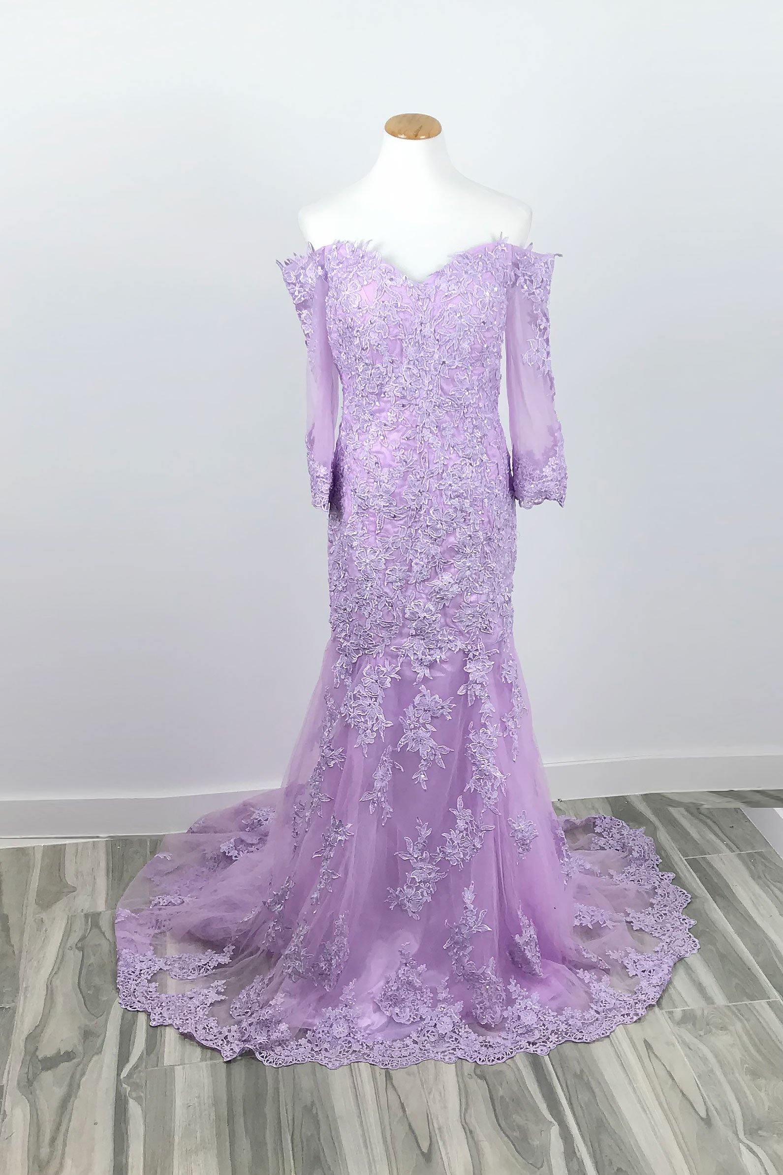 Purple Lace Off the Shoulder Formal Prom Evening Dress - Sample Sale Dress 