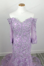 Purple Lace Off the Shoulder Formal Prom Evening Dress - Sample Sale Dress 