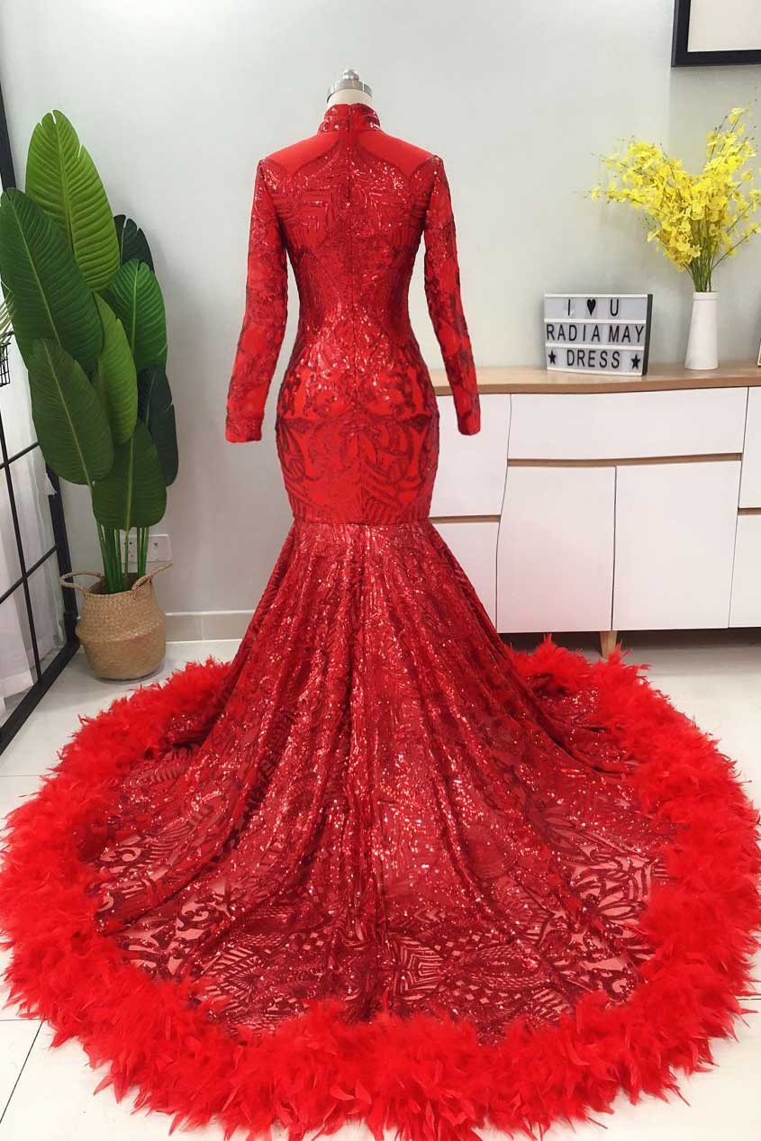 Sparkly Red Maxi Sequins Prom Dress with Feather Skirt Hem