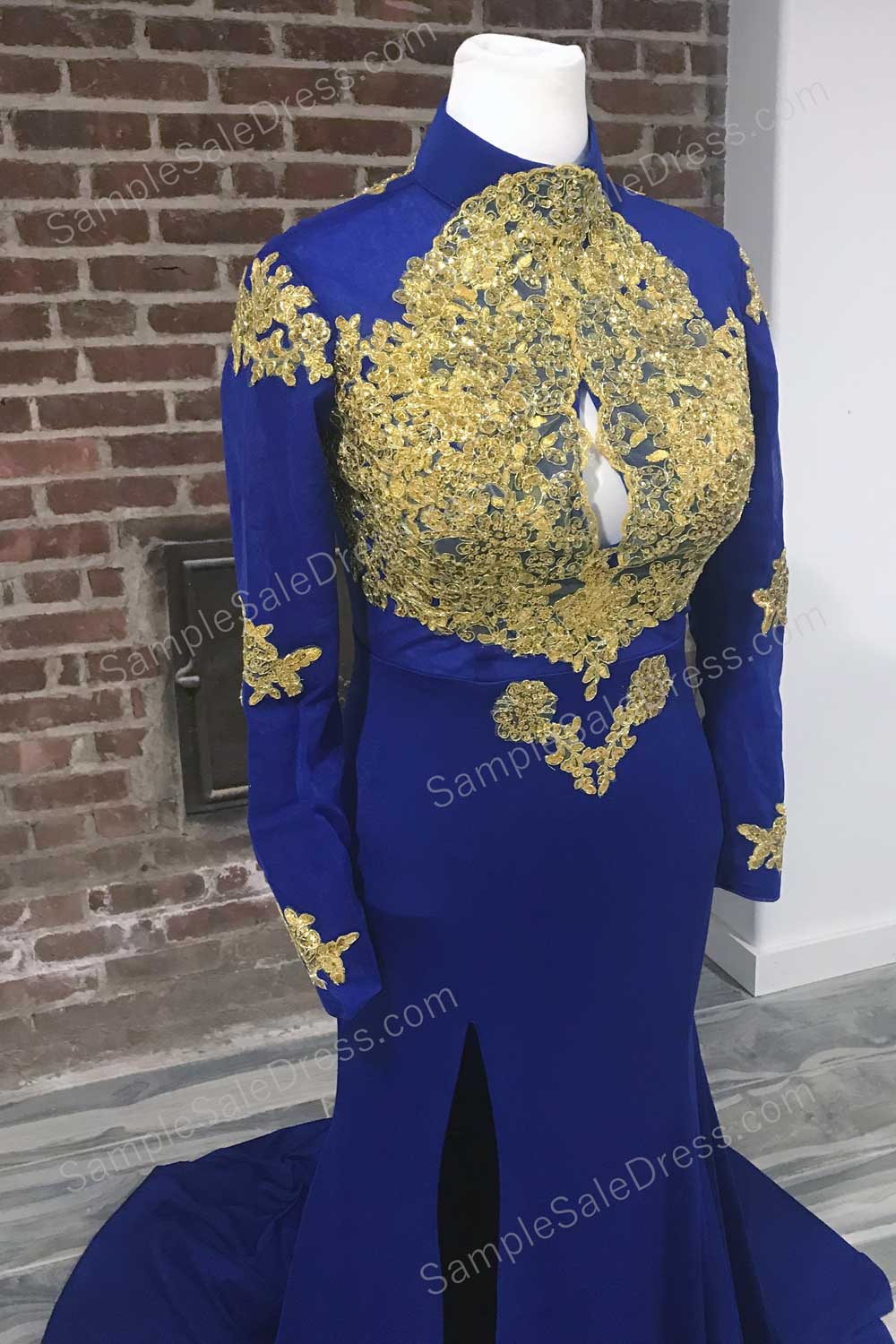 Royal Blue Gold Lace Formal Prom Dress with Long Sleeves - Sample Sale Dress 
