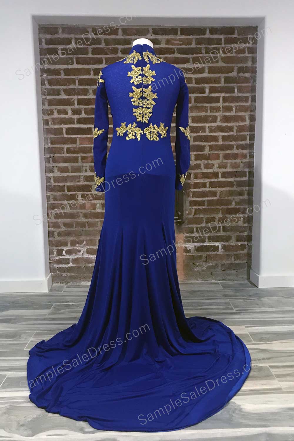 Royal Blue Gold Lace Formal Prom Dress with Long Sleeves - Sample Sale Dress 