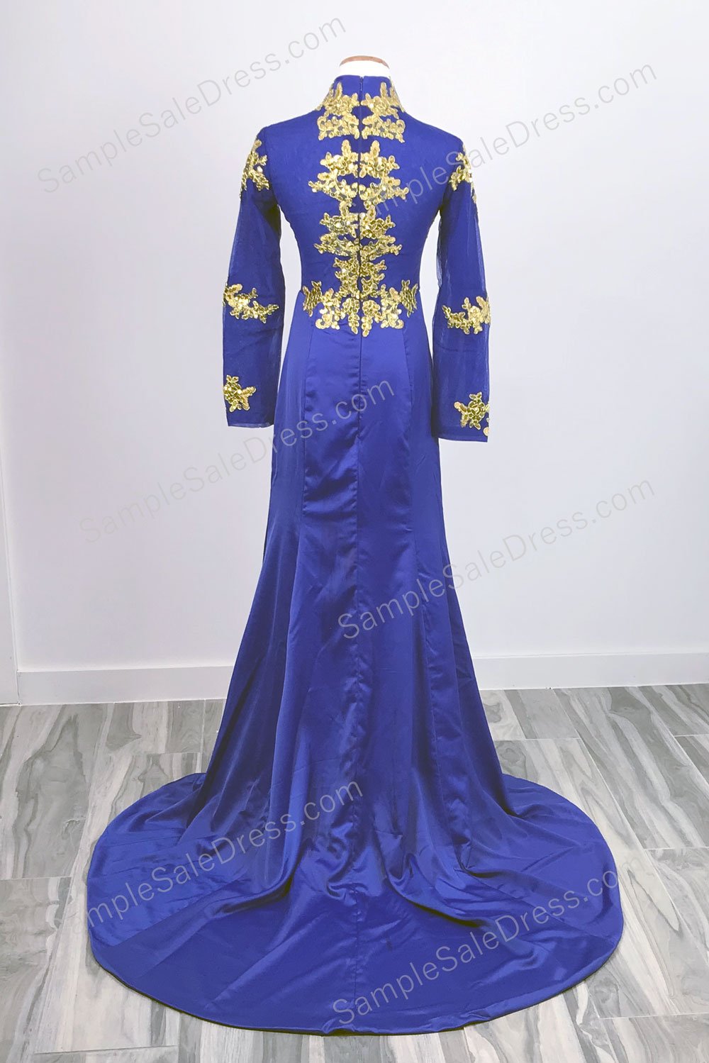 Royal Blue Gold Lace Formal Prom Dress with Long Sleeves XH1023 Sample Sale Dress Royal Blue Gold Lace Formal Prom Dress with Long Sleeves XH1023 Sample Sale Dress