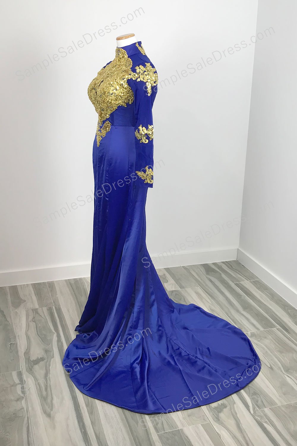 Royal Blue Gold Lace Formal Prom Dress with Long Sleeves XH1023 Sample Sale Dress Royal Blue Gold Lace Formal Prom Dress with Long Sleeves XH1023 Sample Sale Dress