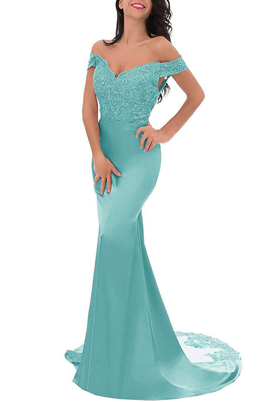 Turquoise Off the Shoulder Lace Sleek Prom Evening Dress - Sample Sale Dress 